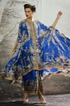 Rajdeep Ranawat_Blue Silk Print Floral Round Neck Caprice Regal Cape Tunic_Online