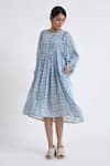 Jayati Goenka_Blue Cotton Print Round Yoke Flared Dress_Online_at_Aza_Fashions