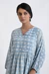 Shop_Jayati Goenka_Blue Cotton Print Block Notched Gathered Yoke Dress _Online_at_Aza_Fashions