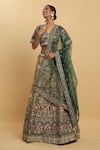 Aham-Vayam_Green Net Embroidered Thread Sweetheart Mayur Floral Lehenga Set _at_Aza_Fashions