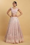 Buy_Aham-Vayam_Pink Net Embroidered Thread V-neck Kalpana Floral Mirror Embellished Lehenga Set_Online_at_Aza_Fashions