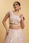 Shop_Aham-Vayam_Pink Net Embroidered Thread V-neck Kalpana Floral Mirror Embellished Lehenga Set_Online_at_Aza_Fashions