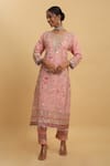 Shop_Aham-Vayam_Pink Georgette Embroidered Thread Round Floral Kurta Pant Set_Online_at_Aza_Fashions