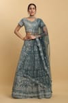 Buy_Aham-Vayam_Blue Net Embroidered Floral V Neck Gauri Lehenga Set_at_Aza_Fashions