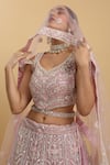 Aham-Vayam_Pink Net Embroidered Floral Leaf Divya Lehenga Set _at_Aza_Fashions