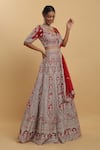 Shop_Aham-Vayam_Red Net Embroidered Floral Plunge Neck Disha Bridal Lehenga Set _Online_at_Aza_Fashions