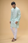 Shop_Spring Break_Green Kurta Viscose Embroidery Lucknowi Mosaic Blossom With Pant_Online_at_Aza_Fashions
