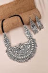 Shop_Nayaab by Aleezeh_Silver Plated Stone Peacock Carved Necklace Set_at_Aza_Fashions