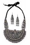 Buy_Nayaab by Aleezeh_Silver Plated Stone Peacock Carved Necklace Set_Online_at_Aza_Fashions