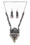 Shop_Nayaab by Aleezeh_Silver Plated Shell Floral Carved Chain Necklace Set_Online_at_Aza_Fashions