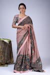 Buy_AAMRA BY LAVANYA_Pink Silk Hand Painted Floral Kalamkari Saree With Unstitched Blouse Piece _at_Aza_Fashions