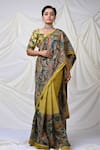 Buy_AAMRA BY LAVANYA_Yellow Silk Hand Painted Floral Kalamkari Saree With Unstitched Blouse Piece _at_Aza_Fashions