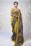 Buy_AAMRA BY LAVANYA_Yellow Silk Hand Painted Floral Kalamkari Saree With Unstitched Blouse Piece _Online_at_Aza_Fashions