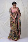 Buy_AAMRA BY LAVANYA_Pink Silk Hand Painted Floral Sena Saree With Unstitched Blouse Piece _at_Aza_Fashions