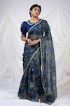 Buy_AAMRA BY LAVANYA_Blue Kota Silk Hand Painted Floral Kalamkari Saree With Unstitched Blouse Piece _at_Aza_Fashions