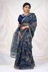 AAMRA BY LAVANYA_Blue Kota Silk Hand Painted Floral Kalamkari Saree With Unstitched Blouse Piece _Online_at_Aza_Fashions