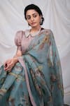 AAMRA BY LAVANYA_Blue Kota Silk Hand Painted Bird Cage Theme Saree With Unstitched Blouse Piece _Online_at_Aza_Fashions