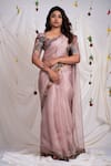 Buy_AAMRA BY LAVANYA_Pink Silk Placement Hand Paint Border Saree With Unstitched Blouse Piece _at_Aza_Fashions