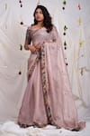 AAMRA BY LAVANYA_Pink Silk Placement Hand Paint Border Saree With Unstitched Blouse Piece _Online_at_Aza_Fashions