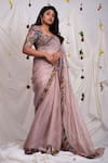 Shop_AAMRA BY LAVANYA_Pink Silk Placement Hand Paint Border Saree With Unstitched Blouse Piece _Online_at_Aza_Fashions