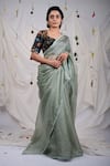 Buy_AAMRA BY LAVANYA_Green Silk Placement Embroidery Butti Work Saree With Unstitched Blouse Piece _at_Aza_Fashions