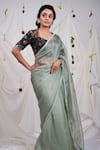 AAMRA BY LAVANYA_Green Silk Placement Embroidery Butti Work Saree With Unstitched Blouse Piece _Online_at_Aza_Fashions