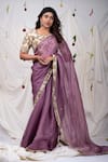 Buy_AAMRA BY LAVANYA_Purple Silk Placement Hand Paint Border Saree With Unstitched Blouse Piece _at_Aza_Fashions