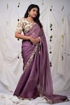 Shop_AAMRA BY LAVANYA_Purple Silk Placement Hand Paint Border Saree With Unstitched Blouse Piece _at_Aza_Fashions