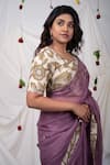 Buy_AAMRA BY LAVANYA_Purple Silk Placement Hand Paint Border Saree With Unstitched Blouse Piece _Online_at_Aza_Fashions