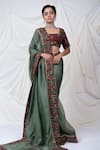 Buy_AAMRA BY LAVANYA_Green Silk Placement Hand Paint Border Saree With Unstitched Blouse Piece _Online_at_Aza_Fashions