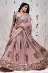 Buy_AAMRA BY LAVANYA_Pink Silk Hand Painted Floral Paan Neck Kalamkari Pattern Lehenga Set _at_Aza_Fashions