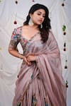 AAMRA BY LAVANYA_Pink Silk Hand Painted Floral Paan Neck Kalamkari Pattern Lehenga Set _Online_at_Aza_Fashions