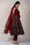 AAMRA BY LAVANYA_Maroon Silk Hand Painted Floral Kalamkari Leaf Neck Anarkali Set_Online_at_Aza_Fashions