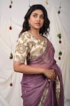 AAMRA BY LAVANYA_Ivory Silk Hand Painted Floral Kalamkari Leaf Neck Blouse _Online_at_Aza_Fashions