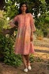 Buy_Priti Prashant_Peach Mul Cotton Silk Printed Orchid Floral Round Canary Dress _at_Aza_Fashions