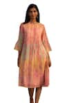 Buy_Priti Prashant_Peach Mul Cotton Silk Printed Orchid Floral Round Canary Dress _Online_at_Aza_Fashions