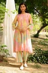 Buy_Priti Prashant_Peach Kurta Mul Cotton Silk Printed Rose Round Chakor Pleated And Pant Set _at_Aza_Fashions