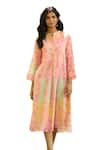 Priti Prashant_Peach Mul Cotton Silk Printed Floral Notched Flamingo Dress _Online_at_Aza_Fashions