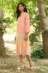 Buy_Priti Prashant_Peach Mul Cotton Silk Printed Floral Notched Flamingo Dress _Online_at_Aza_Fashions