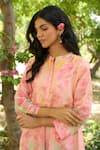 Shop_Priti Prashant_Peach Mul Cotton Silk Printed Floral Notched Flamingo Dress _Online_at_Aza_Fashions