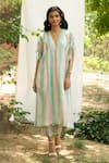 Buy_Priti Prashant_Peach Mul Cotton Silk Striped V Neck Hummingbird Kaftan And Pant Co-ord Set _at_Aza_Fashions