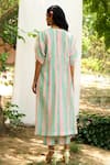 Shop_Priti Prashant_Peach Mul Cotton Silk Striped V Neck Hummingbird Kaftan And Pant Co-ord Set _at_Aza_Fashions