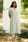 Shop_Priti Prashant_Peach Mul Cotton Silk Striped V Neck Hummingbird Kaftan And Pant Co-ord Set _Online_at_Aza_Fashions