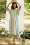 Priti Prashant_Peach Mul Cotton Silk Striped V Neck Kaftan And Pant Set _at_Aza_Fashions