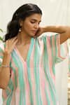 Buy_Priti Prashant_Peach Mul Cotton Silk Striped V Neck Hummingbird Kaftan And Pant Co-ord Set 