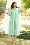 Buy_Priti Prashant_Blue Mul Cotton Silk Striped V Neck Hummingbird Kaftan With Pant _at_Aza_Fashions