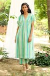 Priti Prashant_Blue Mul Cotton Silk Striped V Neck Hummingbird Kaftan With Pant _Online_at_Aza_Fashions