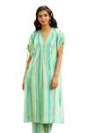 Shop_Priti Prashant_Blue Mul Cotton Silk Striped V Neck Hummingbird Kaftan With Pant _Online_at_Aza_Fashions