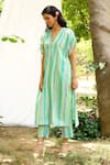 Priti Prashant_Blue Mul Cotton Silk Striped V Neck Hummingbird Kaftan With Pant _at_Aza_Fashions