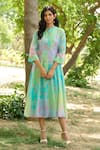 Buy_Priti Prashant_Blue Mul Cotton Silk Printed Floral Band V Jay Dress _at_Aza_Fashions